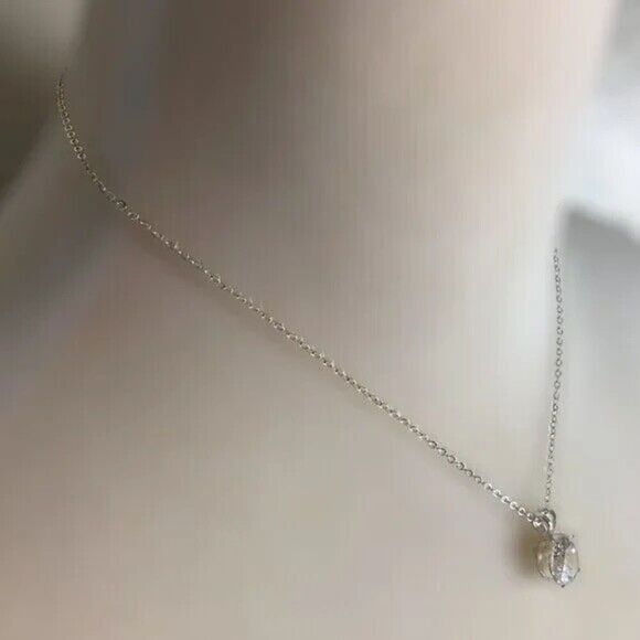 Silver Tone Clavicle Necklace Rhinestone Crystal Charm Dainty Cable Chain - Picture 8 of 9